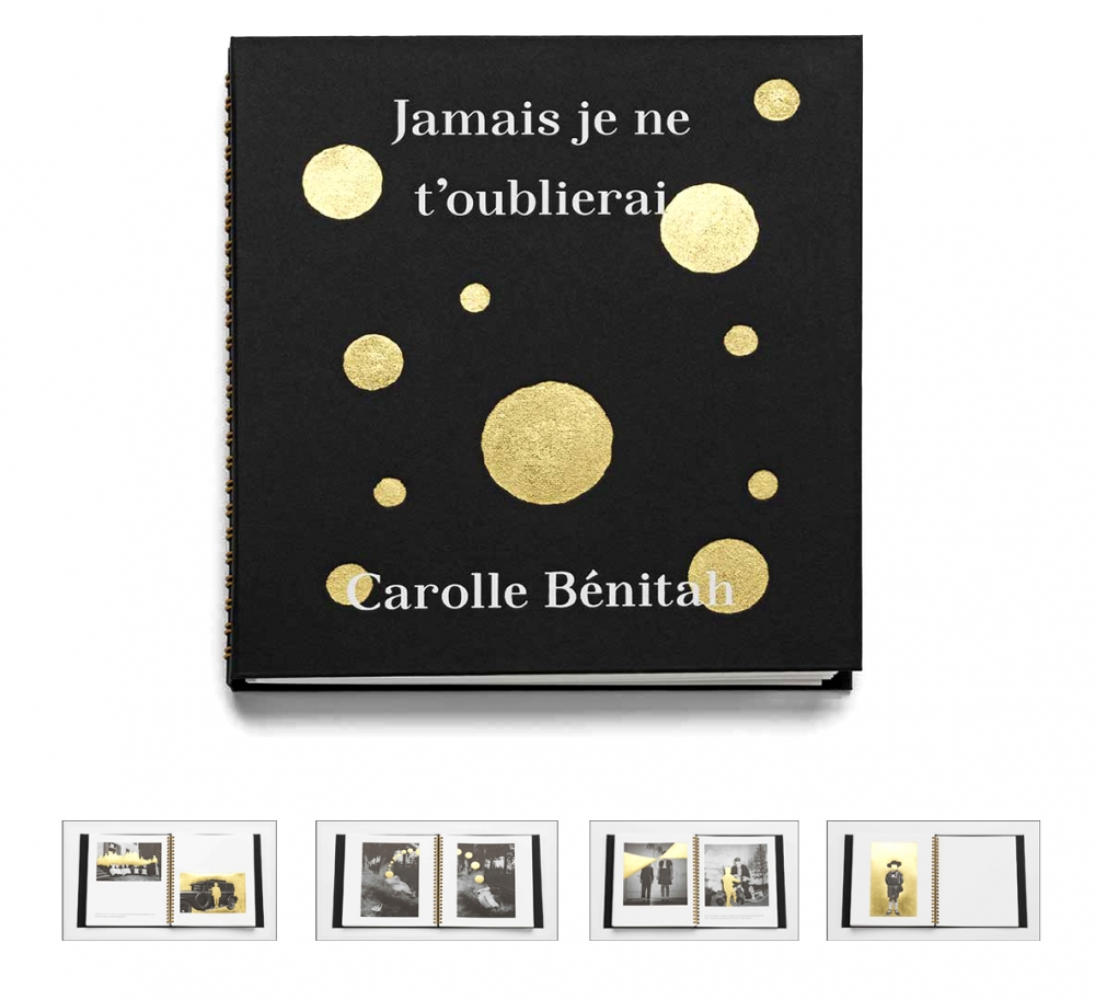 Black photography book with gold details and white lettering