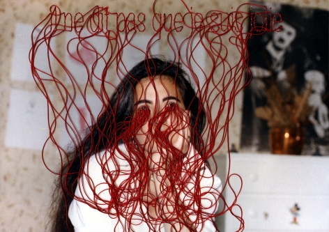 Carolle Bénitah, Photos-Souvenirs, Adolescence,  red silk thread, punctured eyes, Sous Les Etoiles Gallery