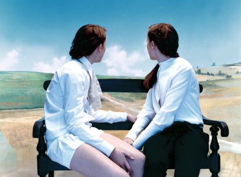 Sophie Delaporte, Early Fashion Work, Two young women seated on bench look into distance, Sous Les Etoiles Gallery