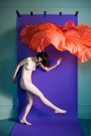Sophie Delaporte, Nudes, Model with orange fabric floating above and purple background, 2010, Sous Les Etoiles Gallery