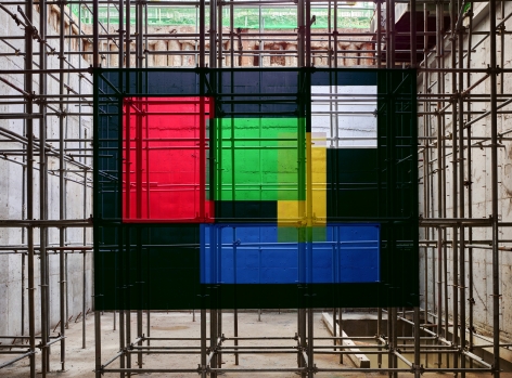 Georges Rousse, anamorphose, architecture, color, green, yellow, red, Seoul, Sous Les Etoiles Gallery